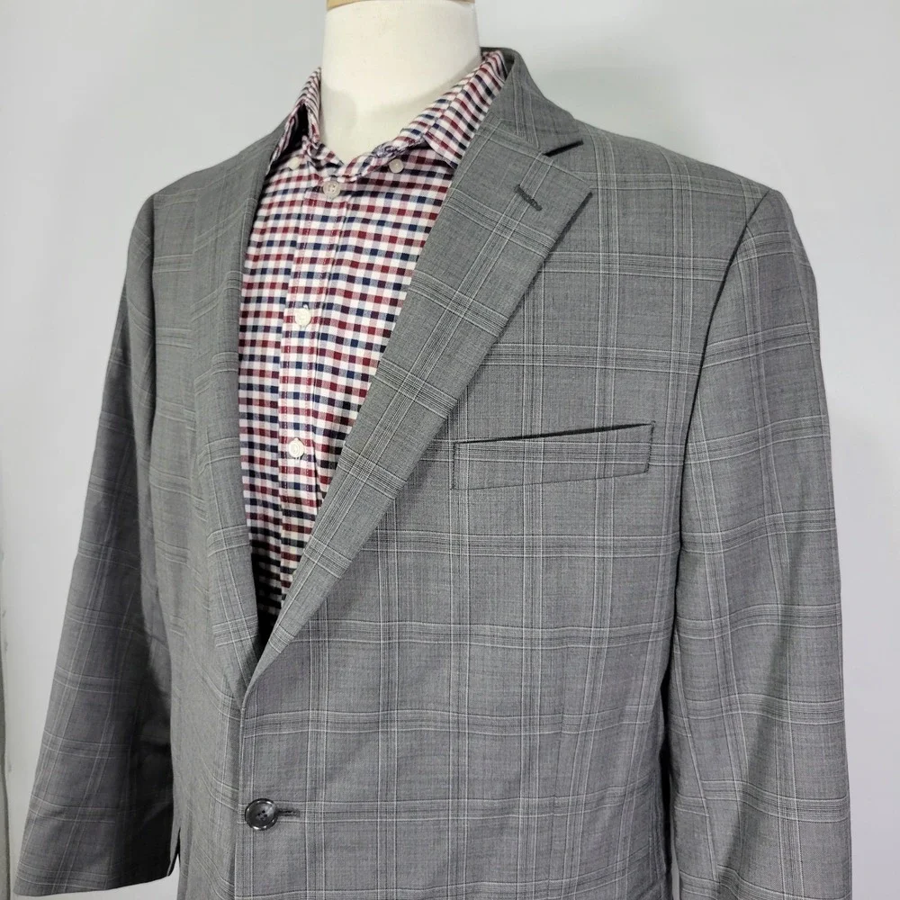 Stafford Men's Sport Coat‎ Blazer Two Button Gray Plaid Wool Blend Classic 50R